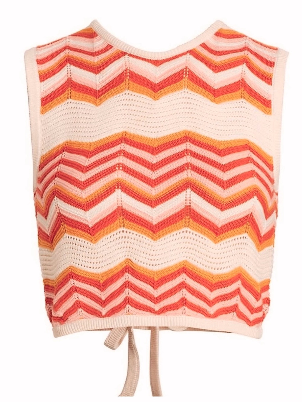 Midnights Crochet Chevron Top-Cream, Orange, Yellow as worn by Taylor Swift.